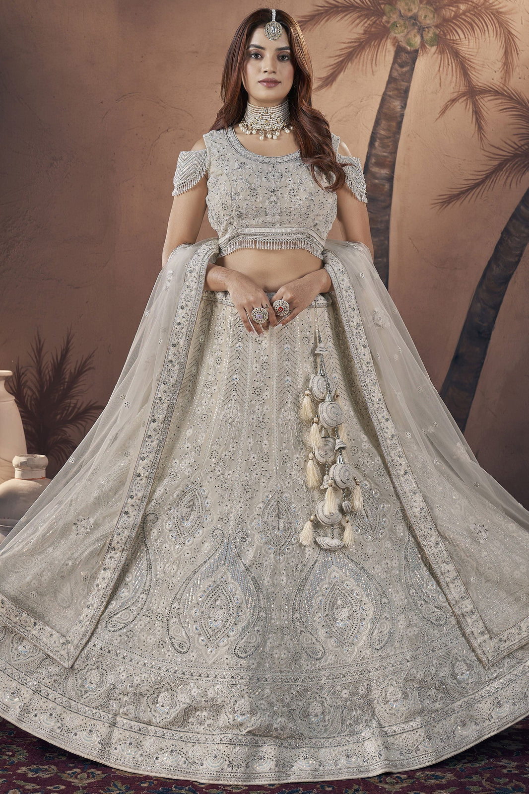 White Pure Rayon Lace Work and Georgette Sequins Dupatta  Lehenga Choli