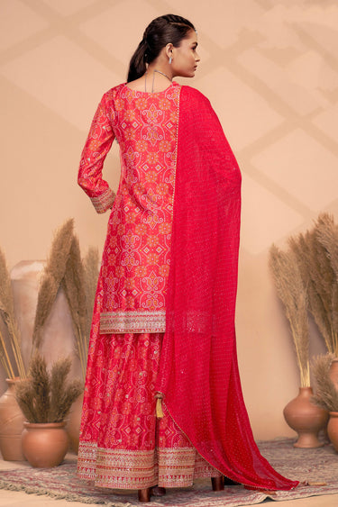 Majesty Bandhani Print Readymade Palazzo Dress In Red Color