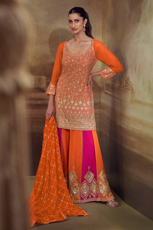 Zari Embroidered Orange Party Wear Sharara Suit