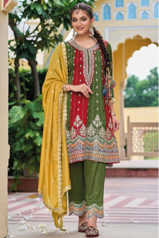 Entrancing Art Silk Fabric Readymade Salwar Suit In Mehendi Green Color