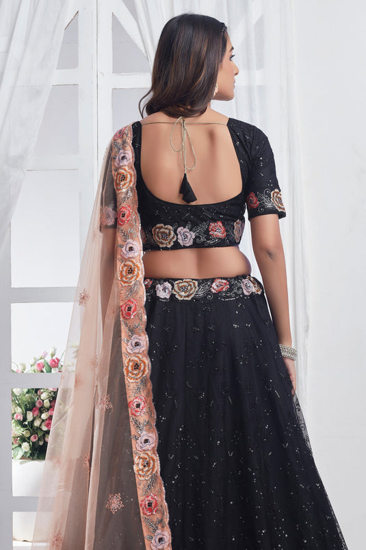 Embellished Black Color Sequins Work Net Fabric Lehenga