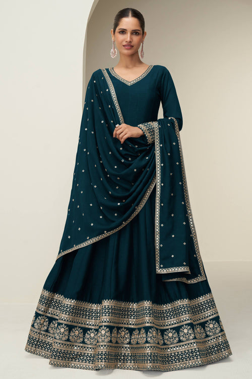 Art Silk Teal Floor Touch Readymade Gown With Dupatta