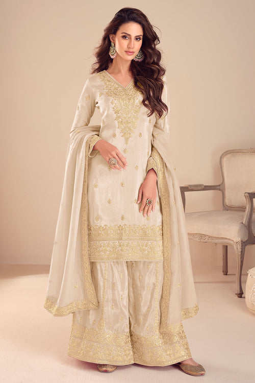 Beige Premium Art Silk Embroidered Readymade Palazzo Suit