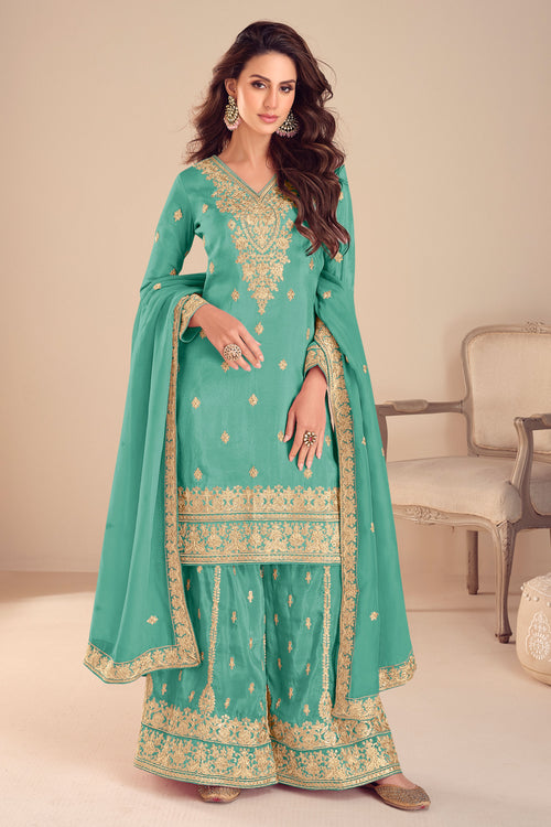 Stylish Art Silk Cyan Embroidered Readymade Palazzo Salwar Suit