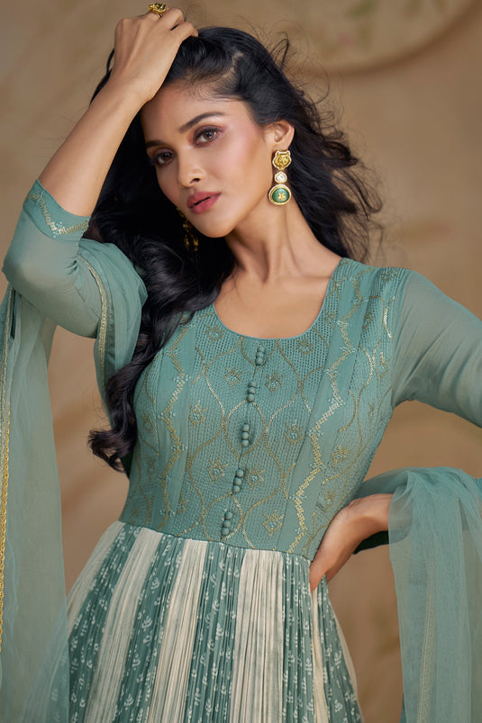 Sushrii Mishraa Georgette Fabric Luminous Readymade Gown With Dupatta In Sea Green Color