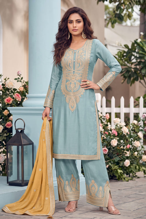 Sky Blue Embroidered Designer Salwar Suit With Contrast Dupatta