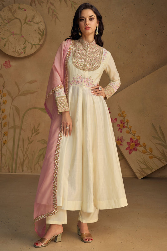 Eugeniya Belousova White Color Art Silk Fabric Alluring Anarkali Suit