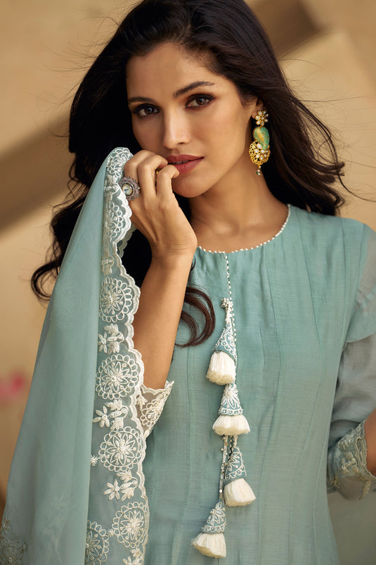 Vartika Singh Light Cyan Color Art Silk Fabric Classic Anarkali Suit