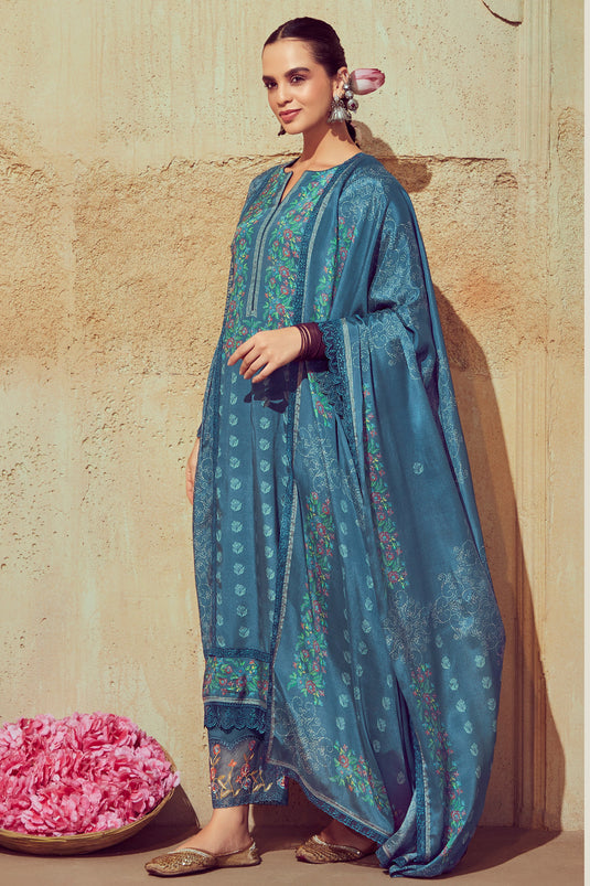 Charming Teal Color Muslin Fabric Festive Look Salwar Suit