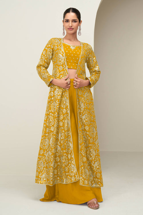 Mustard Embroidered Chinon Silk Palazzo Set With Jacket