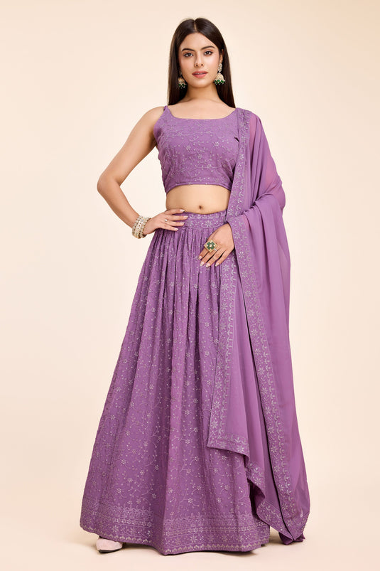 Lavender Color Alluring Sequins Work Lehenga Choli In Georgette Fabric