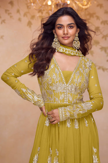 Chinon Fabric Mustard Party Wear Readymade Palazzo Suit