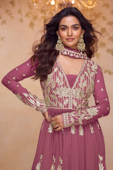 Embroidered Chinon Fabric Pink Readymade Palazzo Suit For Party Wear