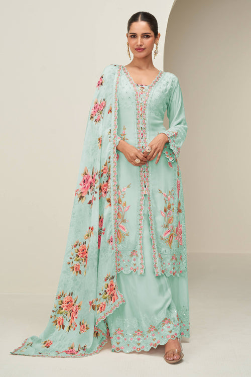 Embroidered Chinon Silk Light Cyan Sangeet Wear Readymade Palazzo Suit With Dupatta