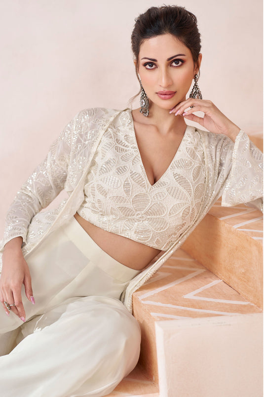 Diksha Singh Georgette Fabric White Color Beatific Readymade Palazzo Suit with Shrug