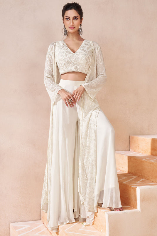Diksha Singh Georgette Fabric White Color Beatific Readymade Palazzo Suit with Shrug