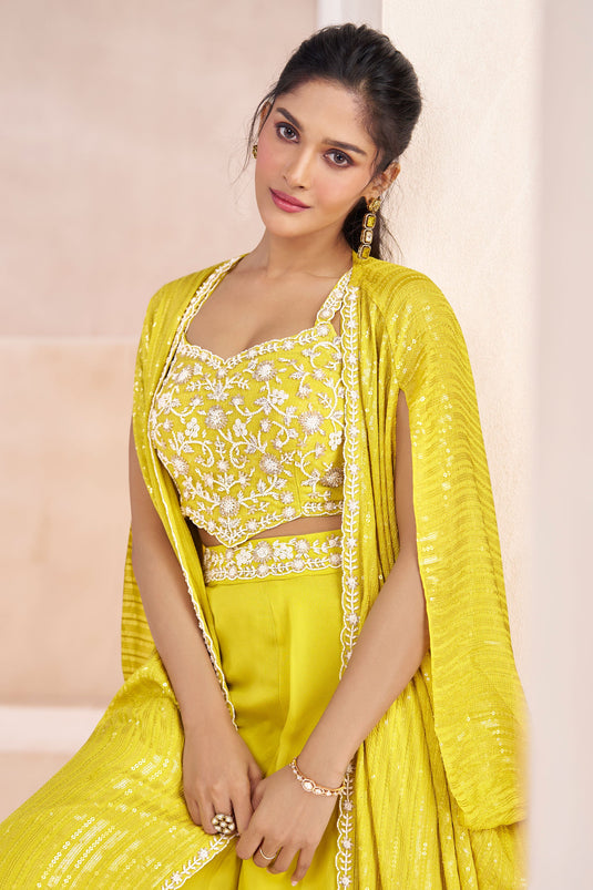 Sushrii Mishraa Fabulous Georgette Fabric Yellow Color Readymade Palazzo Suit with Shrug
