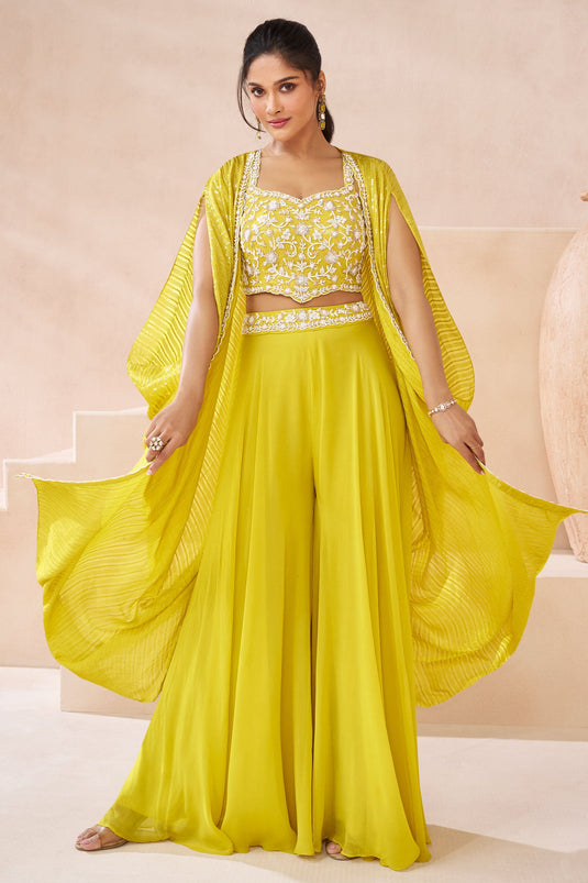 Sushrii Mishraa Fabulous Georgette Fabric Yellow Color Readymade Palazzo Suit with Shrug