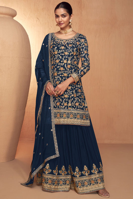 Elegant Blue Chinon Fabric Function Wear Readymade Palazzo Suit