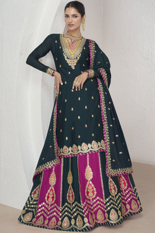 Vartika Singh Navy Blue Color Glorious Chiffon Silk Fashionable Readymade Sharara Top Lehenga