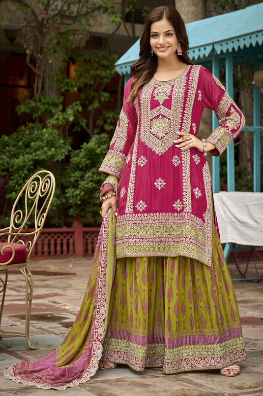 Elegant Rani Color Chinon Fabric Sharara Suit For Sangeet