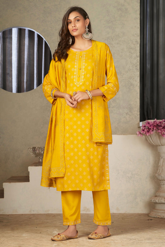 Appealing Festive Wear Rayon Fabric Readymade Salwar Suit In Yellow Color