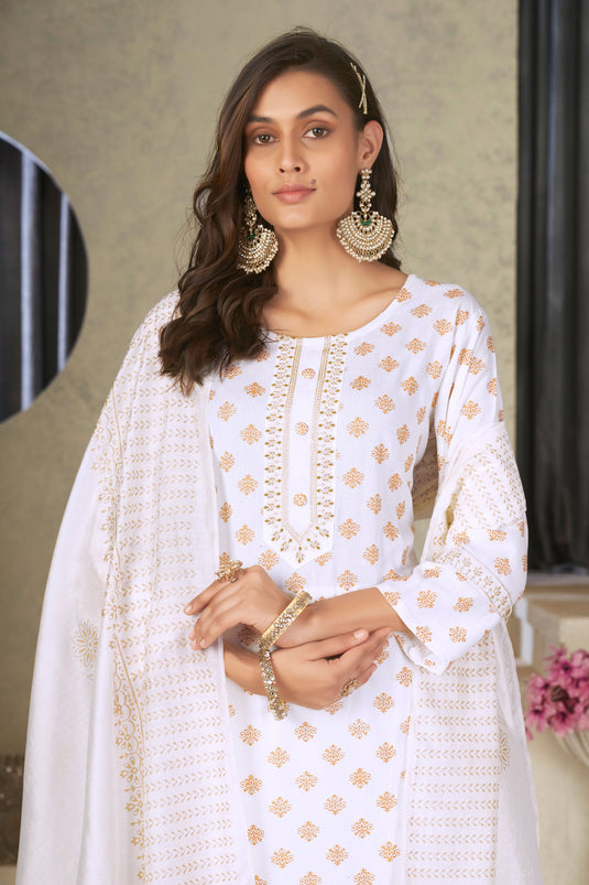 Imperial White Color Rayon Fabric Readymade Salwar Suit In Festive Wear