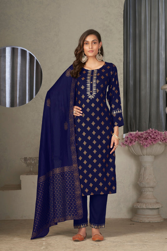 Festive Wear Flamboyant Rayon Fabric Readymade Salwar Suit In Navy Blue Color