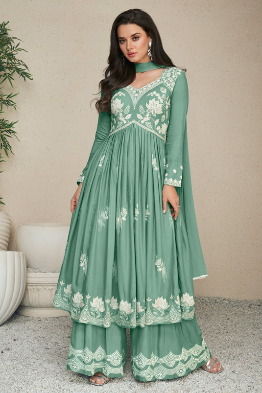 Eugeniya Belousova Sea Green Color Rayon Fabric Tempting Palazzo Suit