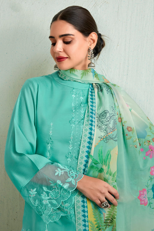 Classic Sea Green Color Function Wear Salwar Suit In Muslin Fabric
