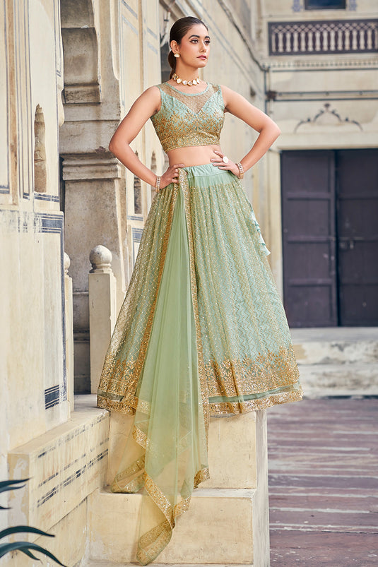 Net Fabric Function Wear Sea Green Color Phenomenal Lehenga