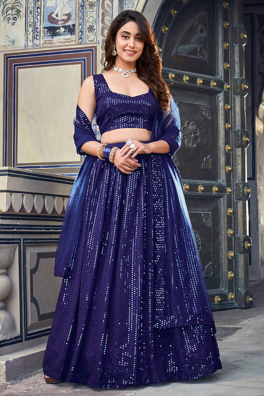 Tempting Georgette Fabric Navy Blue Color Lehenga With Sequins Work