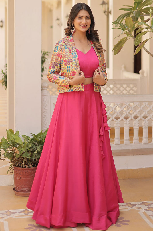 Chinon Fabric Pink Color Stylish Readymade Lehenga Choli With Koti