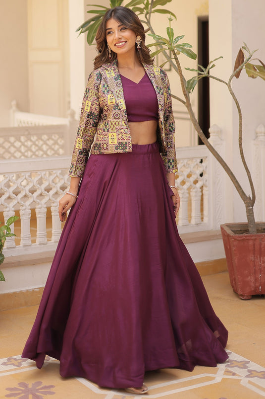 Fabulous Chinon Fabric Wine Color Readymade Lehenga Choli With Koti