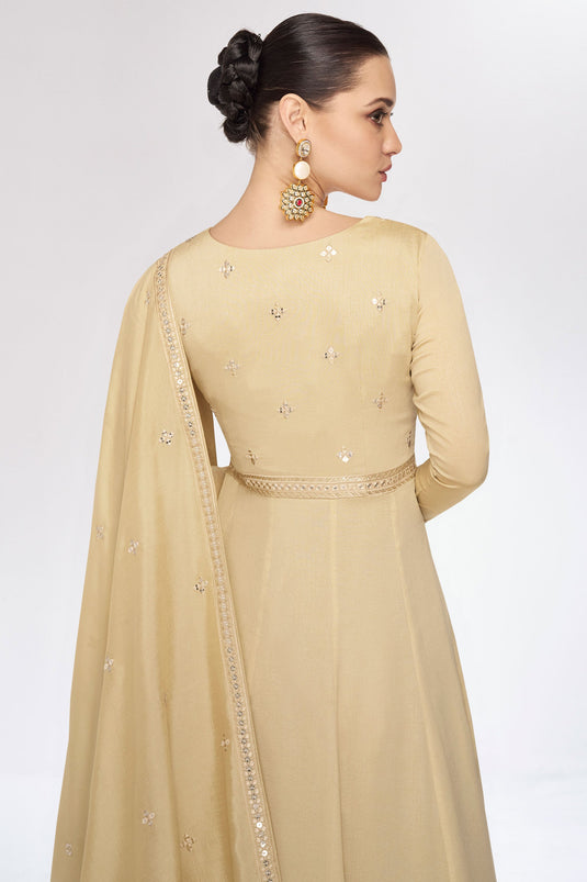 Eugeniya Belousova Art Silk Fabric Luminous Readymade Gown With Dupatta In Beige Color