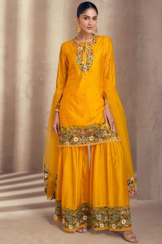 Sushrii Mishraa Yellow Color Art Silk Fabric Tempting Function Look Sharara Suit