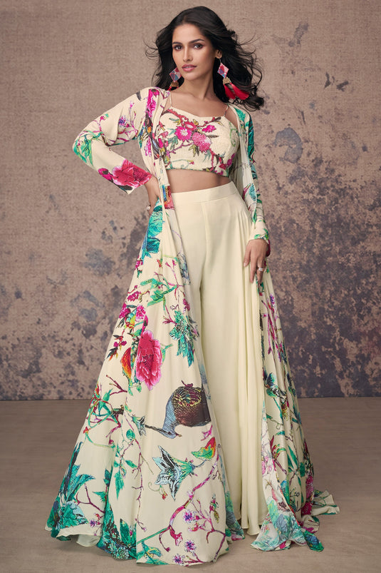 Vartika Singh White Color Crepe Silk Beautiful Readymade Palazzo Suit With Koti