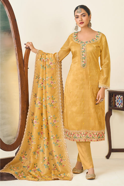 Function Wear Art Silk Fabric Designer Straight Cut Suit In Mustard Color