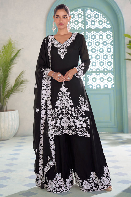Black Premium Chinon Embroidered Top Palazzo Set