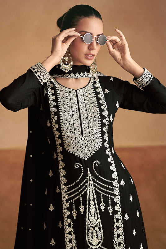 Black Color Function Wear Palazzo Suit In Chinon Fabric
