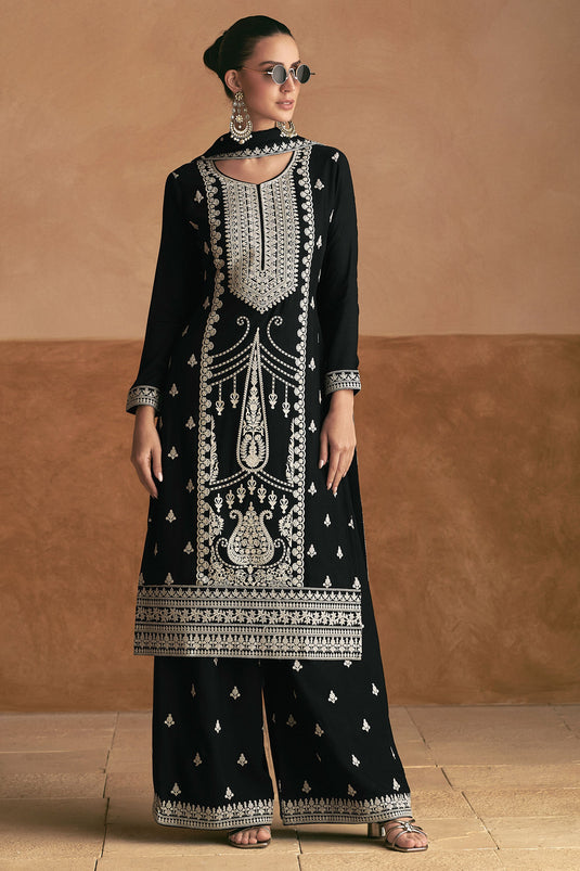 Black Color Function Wear Palazzo Suit In Chinon Fabric