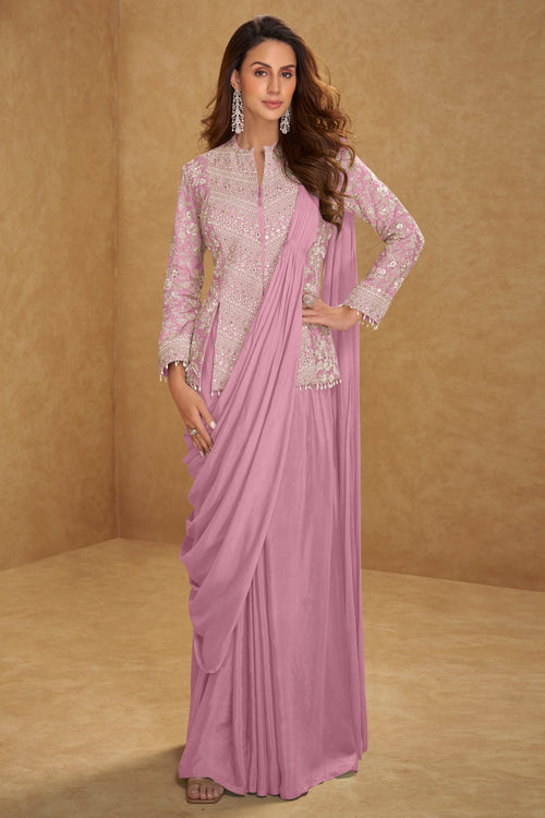 Premium Indo Western Ready To Wear Saree With Heavy Embroidered Long Jacket