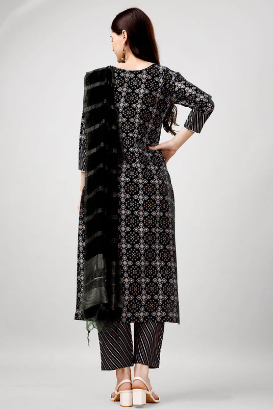 Incredible Printed Work On Rayon Fabric Black Color Readymade Salwar Suit