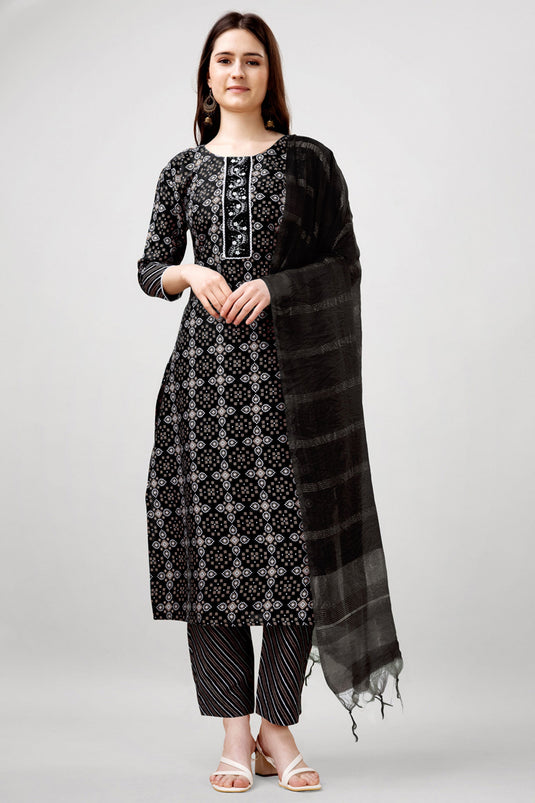 Incredible Printed Work On Rayon Fabric Black Color Readymade Salwar Suit