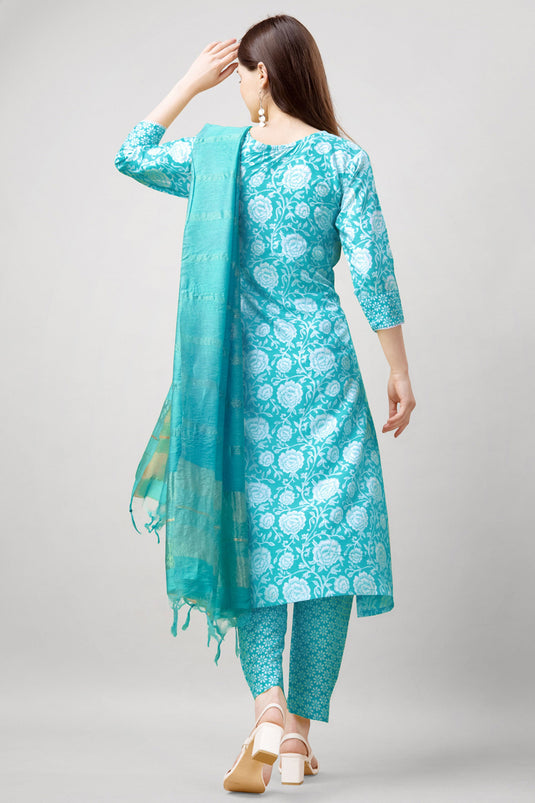 Solid Rayon Fabric Printed Work On Readymade Salwar Suit In Cyan Color