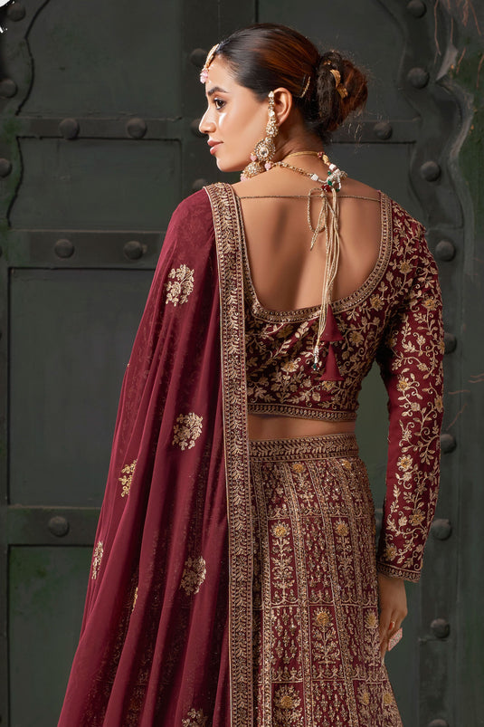 Georgette Fabric Maroon Color Beatific Look  Bridal Lehenga