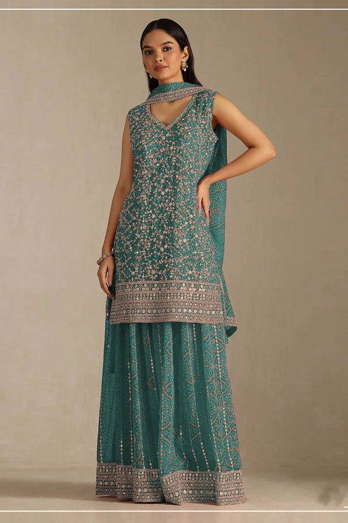 Cyan Georgette Palazzo Suit With Dupatta