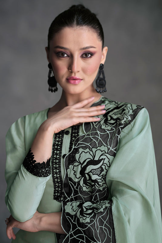 Dazzling Sea Green Color Readymade Salwar Suit In Organza Fabric