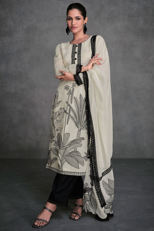 Vartika Singh Entrancing Organza Fabric Readymade Salwar Suit In White Color