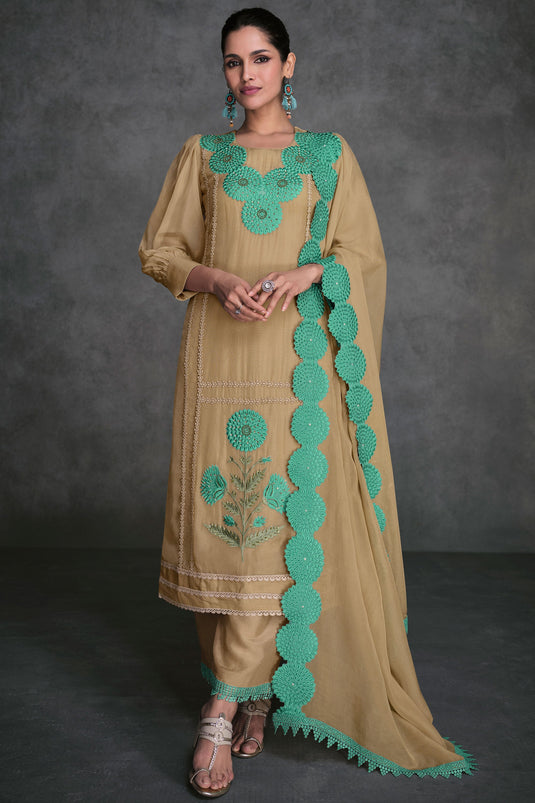Vartika Singh Mesmeric Beige Color Readymade Salwar Suit In Organza Fabric